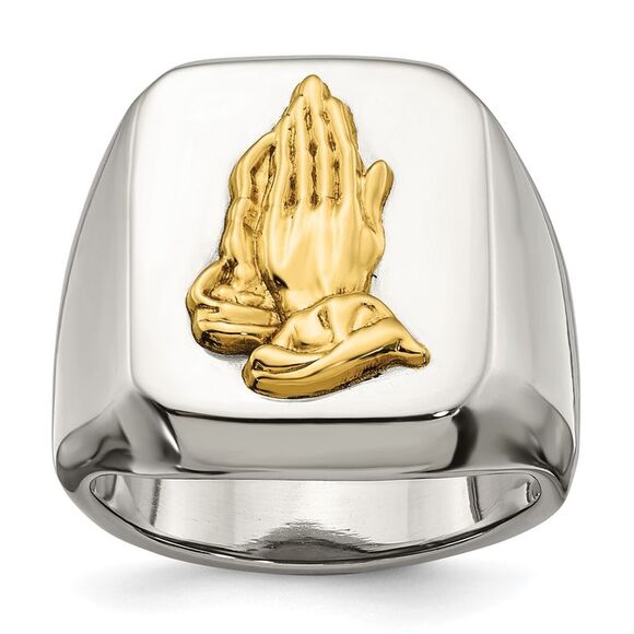 Kazi Luxury Steel with 14k Yellow Gold Accent Polished Praying H&s Ring